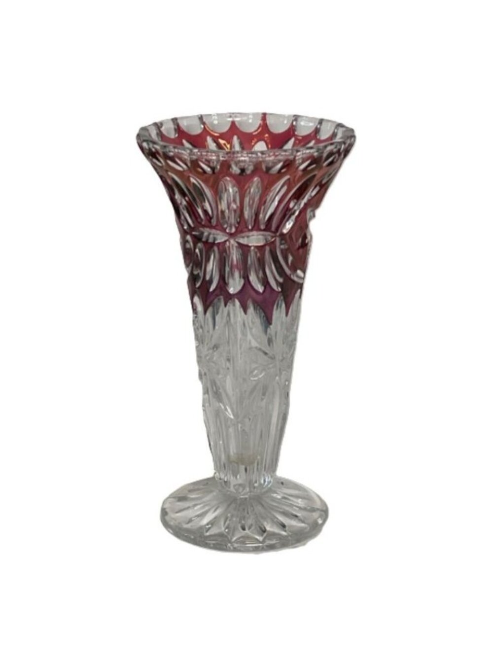 Vintage Crystal Trumpet Vase Ruby Red Clear Hobstar Flower 1980’s 6.75” Flared